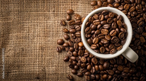 Coffee Beans in a White Cup on Burlap