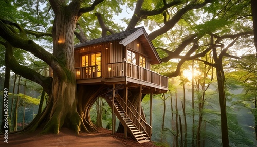 A charming treehouse nestled high in the branches of a large oak tree, surrounded by a dense forest. The treehouse is made of wood, with a rope ladder and a small balcony overlooking the forest floor