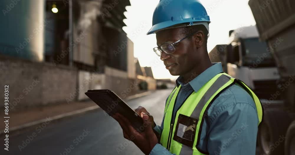 Man, civil engineering and tablet for building inspection or architecture maintenance, development or progress. Black person, trucks and construction site or project contractor, internet or check