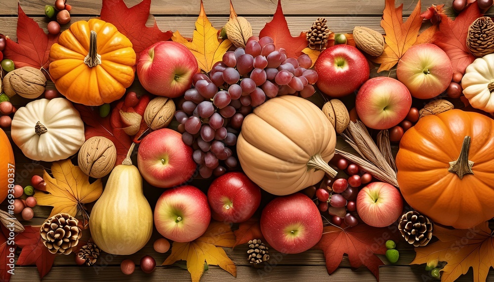 A rich background featuring autumn fruits like apples, pears, grapes, and pumpkins. A rich background featuring autumn fruits like apples, pears, grapes, and pumpkins.