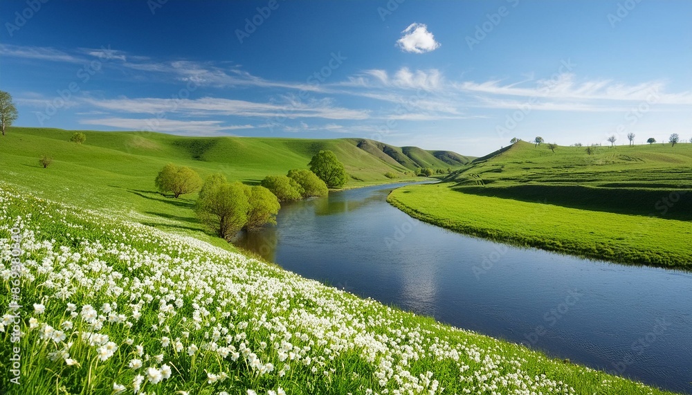 Obraz premium A scenic river winding through a verdant spring landscape, blooming flowers along the banks and clear blue skies above.