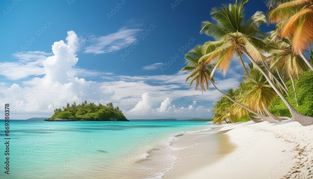 A serene tropical beach with pristine white sand and crystal-clear turquoise water. Palm trees sway gently in the breeze, providing shade along the shoreline. A serene tropical beach with pristine white sand and crystal-clear turquoise water. Palm trees sway gently in the breeze, providing shade along the shoreline.