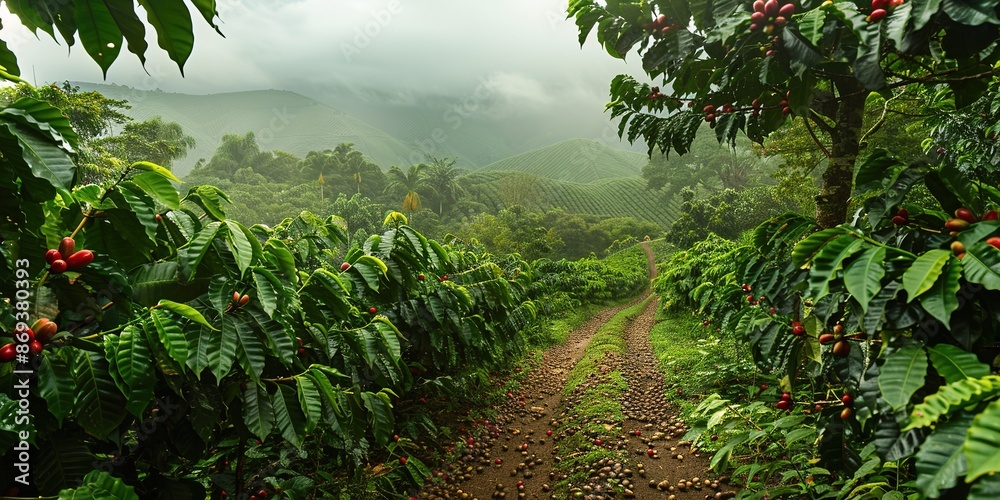 Coffee plantation pathway with ripe cherries and lush greenery. Coffee plantation pathway with ripe cherries and lush greenery.