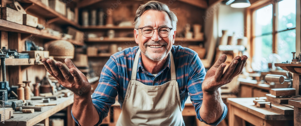 Obraz premium A happy, older craftsman stands in his wood workshop, hands outstretched, welcoming you into his creative space