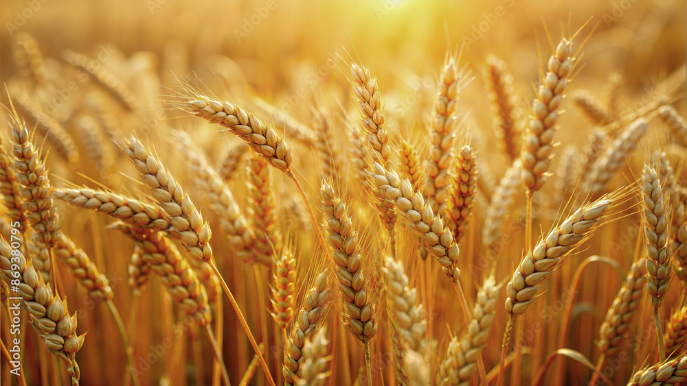 Golden Wheat Field with Sunlight Shining on Ripening Ears of Grain, macro texture Golden Wheat Field with Sunlight Shining on Ripening Ears of Grain, macro texture