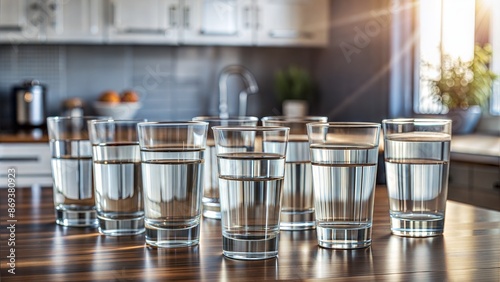 Eight glasses of water on a wooden kitchen table. Daily water consumption rate, visual concept. The amount of water needed per day. Two liter of water in glasses