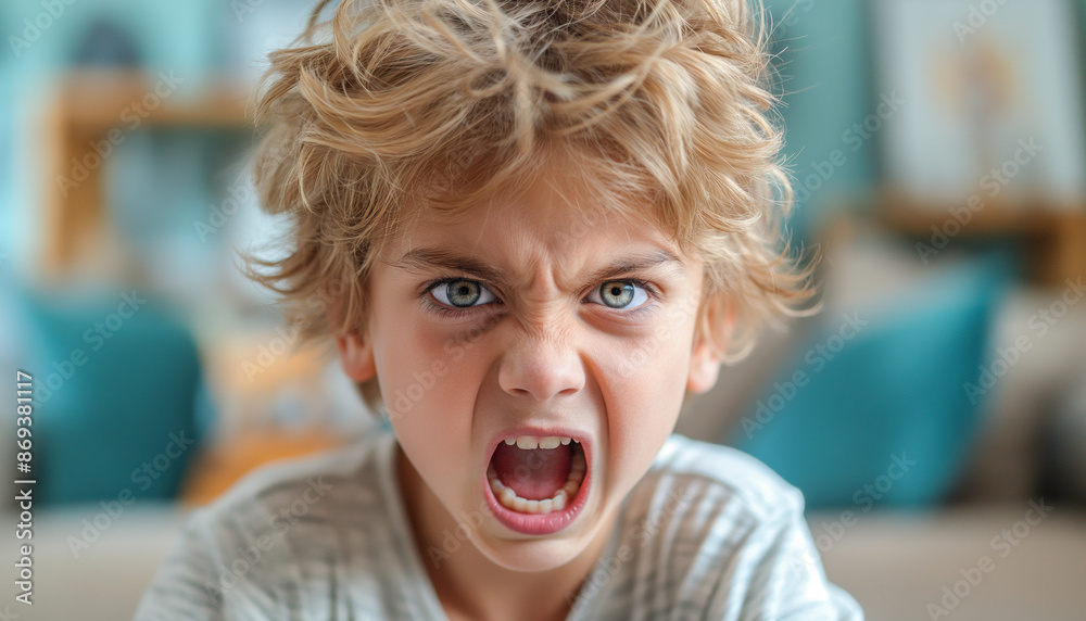 Close-up of a frustrated little boy screaming with vibrant blue eyes indoors Close-up of a frustrated little boy screaming with vibrant blue eyes indoors