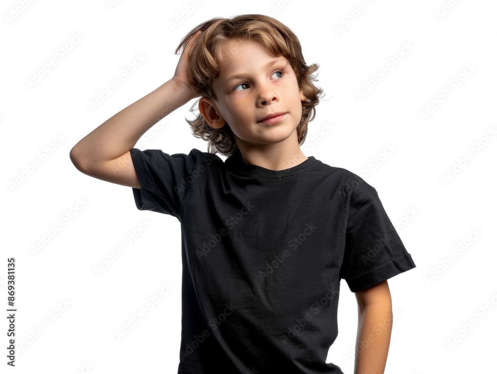 Thoughtful young child wearing a black shirt, looking up with a curious expression, isolated on a white background. Thoughtful young child wearing a black shirt, looking up with a curious expression, isolated on a white background.