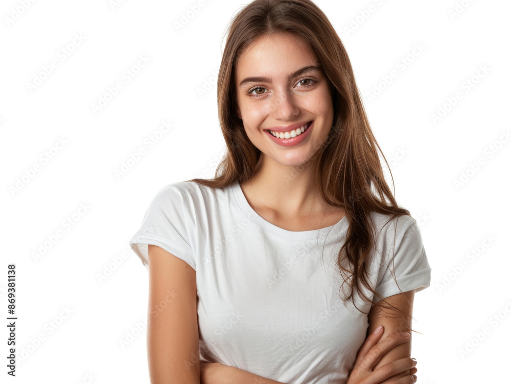 Smiling young woman in casual white t-shirt with arms crossed. Confident and happy expression. Isolated on white background. Smiling young woman in casual white t-shirt with arms crossed. Confident and happy expression. Isolated on white background.