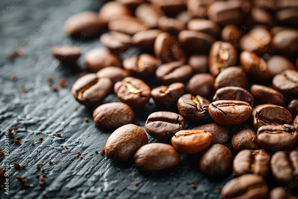 Naklejka premium Close-up of dark roasted coffee beans on textured surface