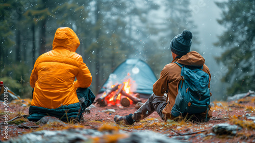 Two people in warm clothing sit by a campfire in a snowy forest, enjoying the warmth as snow falls around them