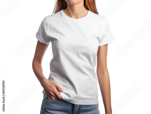 Woman in a plain white t-shirt and jeans with a casual pose, isolated on a white background, ideal for fashion and apparel themes.