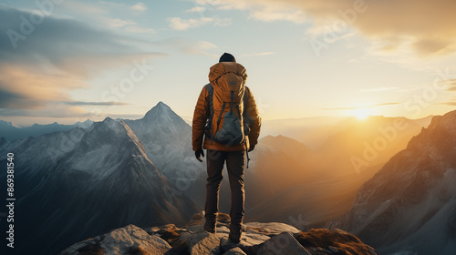 A lone hiker stands on a rocky peak, gazing out at a breathtaking vista of mountains bathed in the warm glow of the setting sun