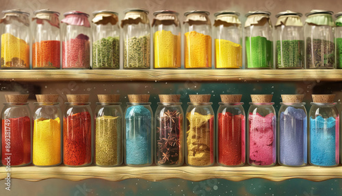 Playfulness is the spice that adds flavor to life's journey: Depict a spice rack filled with colorful jars of spices, symbolizing that moments of playfulness add zest and excitement to life's experien photo