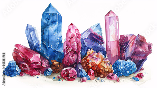 Artistic clipart of raw healing crystals and gemstones, including sapphire and ruby, on white background