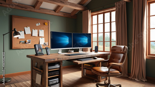 An elegant home office designed in a Scandinavian style with a wooden desk, minimalist decor, and neutral tones photo