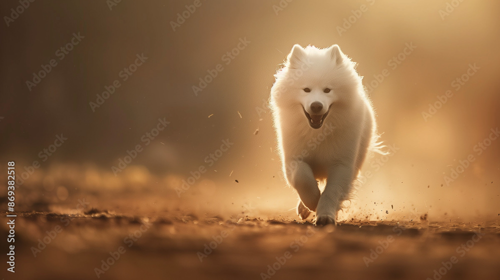Fototapeta premium Full body shot of a Samoyed, happily running in the soft sunlight.