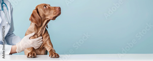 Dog with paw lifted, vet examining, 8k, photo-realistic, studio light, side shot