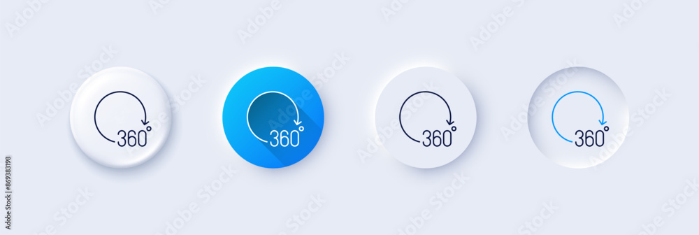 360 degrees line icon. Neumorphic, Blue gradient, 3d pin buttons. VR ...