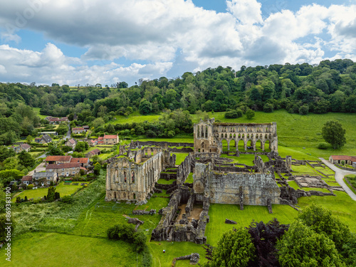 Rievaulx Abbey from a drone, North York Moors National Park, North Yorkshire, England photo