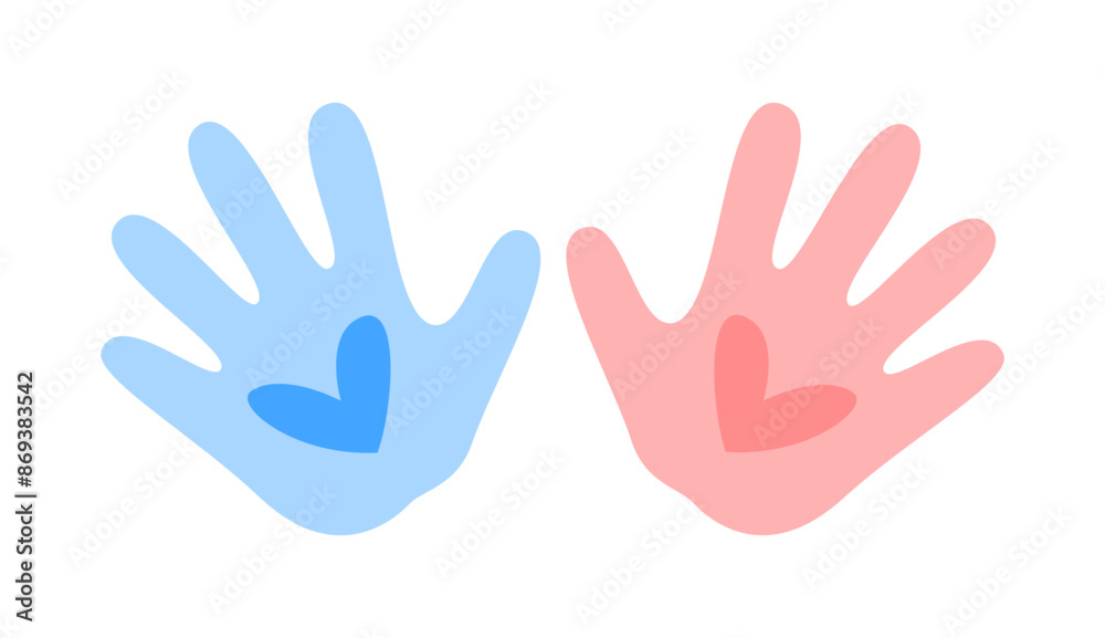 Hand Palms with Hearts Logo. Cute Kids Hand Imprint. Handbreadth Pink and Blue. Hand Palms with Hearts Logo. Cute Kids Hand Imprint. Handbreadth Pink and Blue.