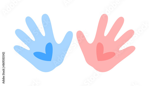 Hand Palms with Hearts Logo. Cute Kids Hand Imprint. Handbreadth Pink and Blue.