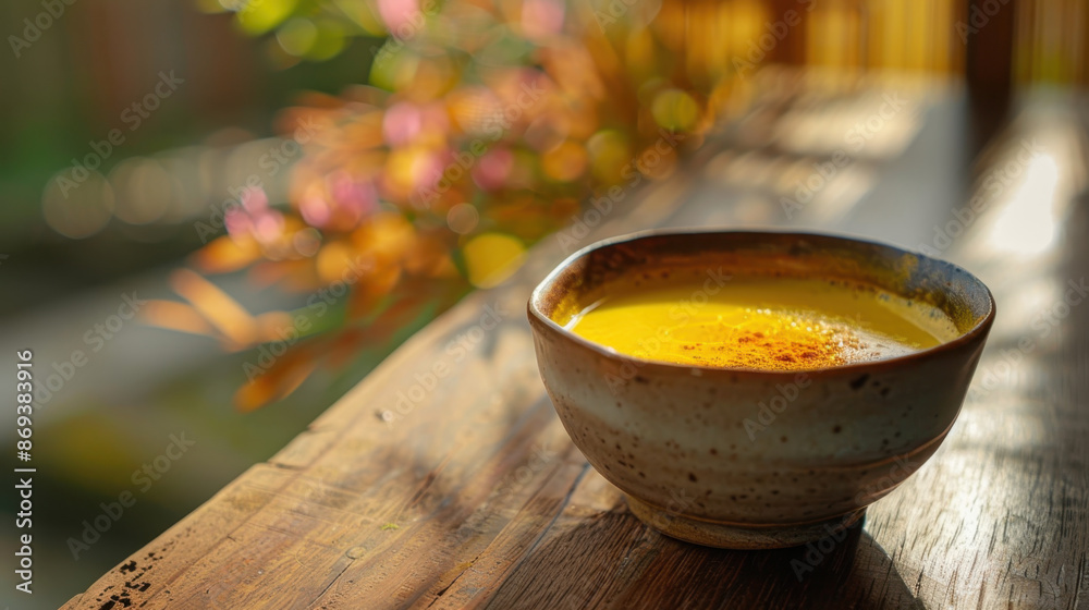 Warm turmeric latte in ceramic bowl on rustic wooden table with blurred nature background Warm turmeric latte in ceramic bowl on rustic wooden table with blurred nature background