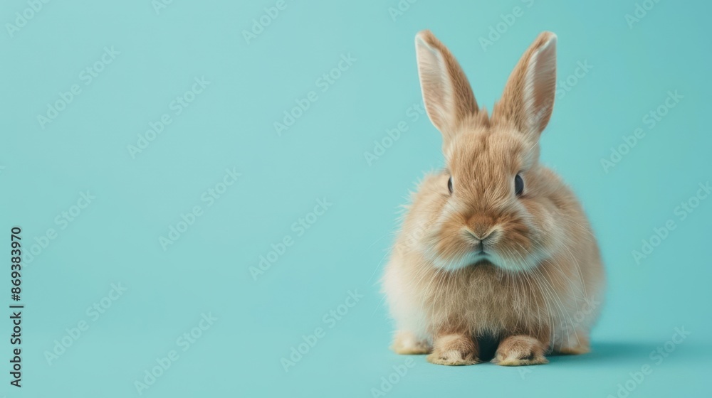 Obraz premium Photorealistic image of a fluffy bunny with long ears sitting on a solid light blue background Space above for text Natural lighting emphasizing the bunnys softness