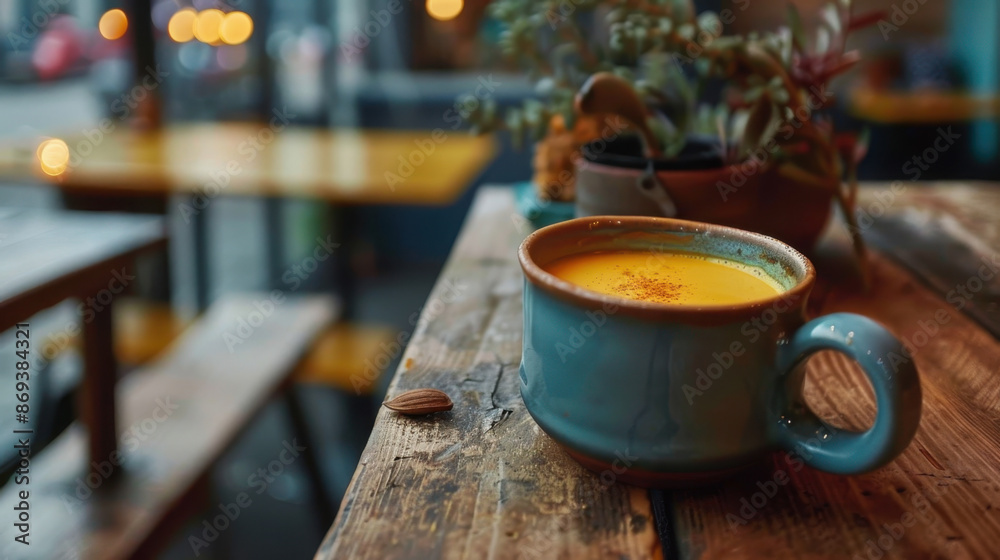 Close-up of turmeric latte in ceramic cup on rustic wooden table in cozy cafe setting Close-up of turmeric latte in ceramic cup on rustic wooden table in cozy cafe setting