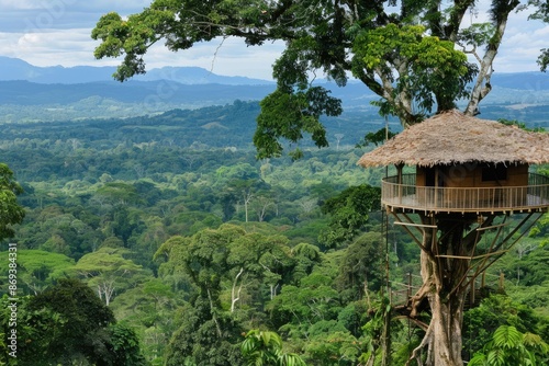 Cabaña en el árbol en medio de un bosque, con una vista panorámica desde lo alto © Julio