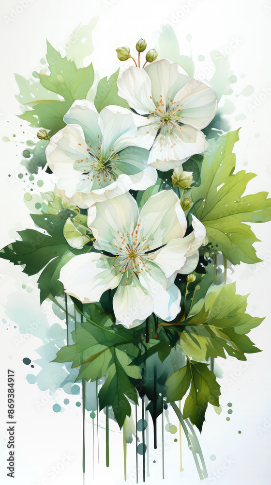 Watercolor white flowers on green leaves, spring, summer, bloom ...