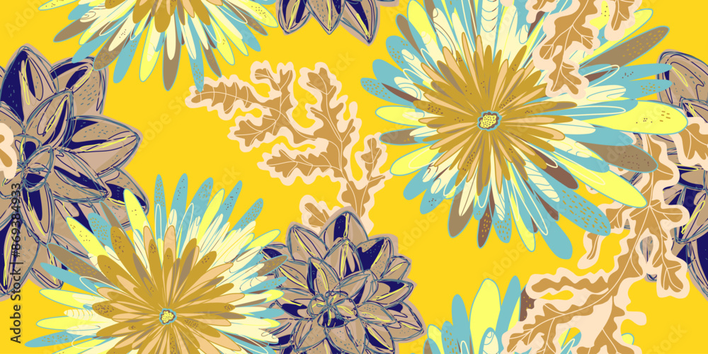 Fototapeta premium Fantasy stylized blooming floral pattern with chrysanthemum flowers, seamless endless vector rapport with overlapping pattern
