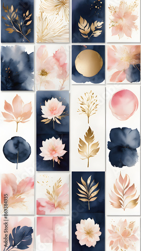 Arrangements. Navy blue, blush, pink, ivory, beige watercolor Illustration and gold elements, on white background. Abstract modern print set. Poster. Business card.