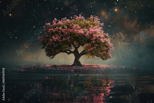 mystical cornus florida tree floating in dark void surreal 3d illustration photo