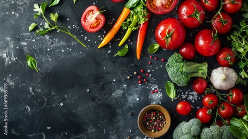 Fresh vegetables and herbs on a dark surface photo