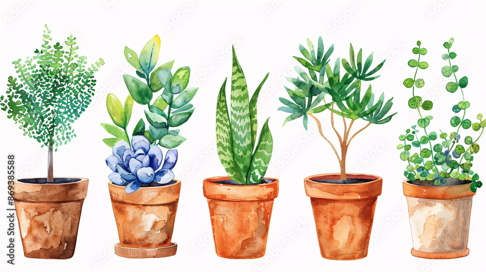 Fototapeta premium Bright and natural watercolor-style floral clipart set with pots on white background