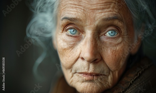 Elderly woman with kind eyes and gray hair