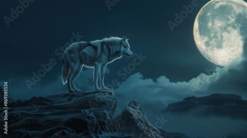 majestic wolf standing on a rocky outcrop with a full moon illuminating the night sky and howling cinematic lighting