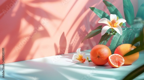 Tropical fruits and flowers with shadows photo