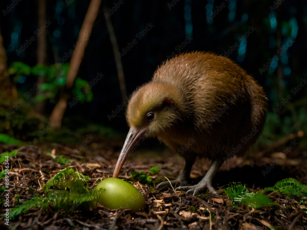 A kiwi bird foraging on the forest floor at night, using its long beak to probe the ground. A kiwi bird foraging on the forest floor at night, using its long beak to probe the ground.