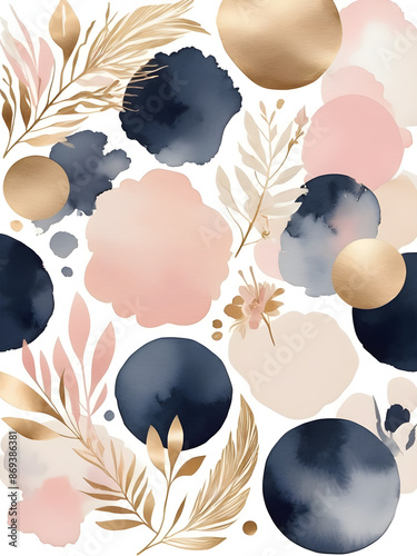 Arrangements. Navy blue, blush, pink, ivory, beige watercolor Illustration and gold elements, on white background. Abstract modern print set. Poster. Business card.