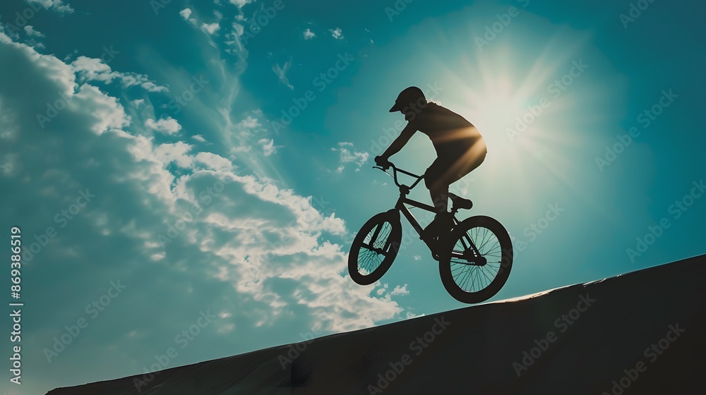 Obraz premium Side angle view, black silhouette of a person BMX biking, urban park background, performing stunt, natural light, dynamic sports photo