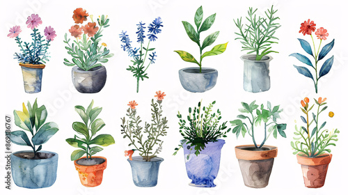 Collection of watercolor-style botanical elements with flowers and pots on white background