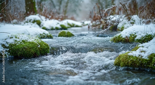 Snowy Winter Stream Flowing Through a Forest on a Sunny Day