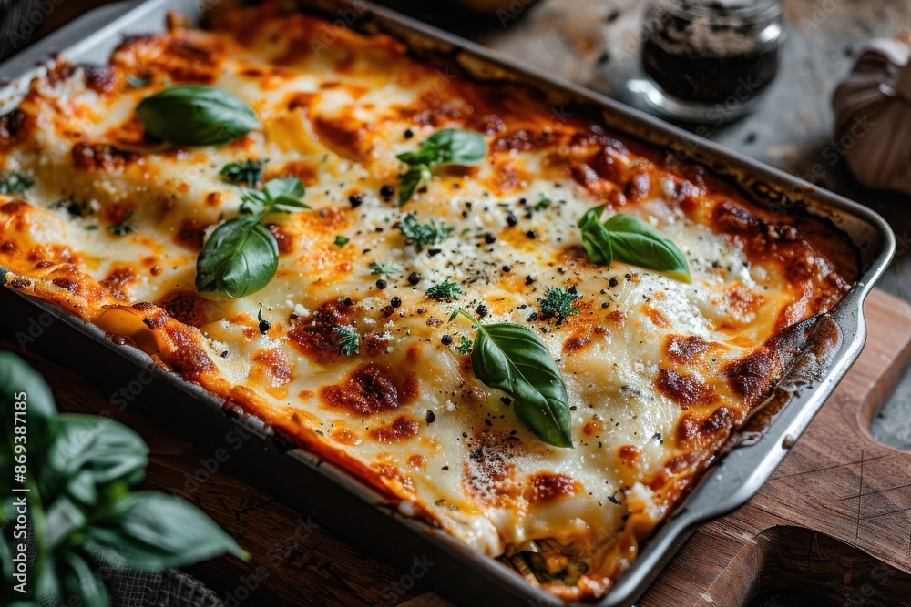 A large lasagna with a basil leaf on top A large lasagna with a basil leaf on top