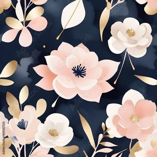 Arrangements. Navy blue, blush, pink, ivory, beige watercolor Illustration and gold elements, on white background. Abstract modern print set. Poster. Business card.