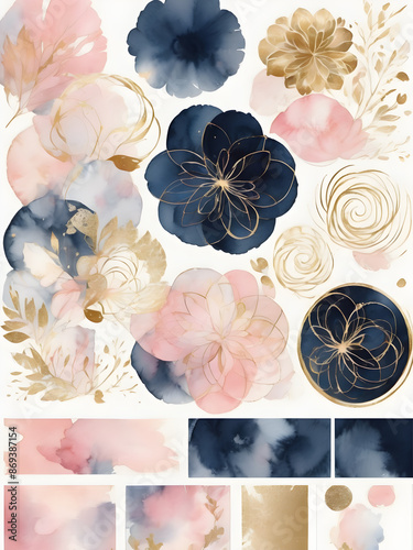 Arrangements. Navy blue, blush, pink, ivory, beige watercolor Illustration and gold elements, on white background. Abstract modern print set. Poster. Business card.