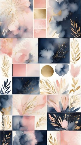 Arrangements. Navy blue, blush, pink, ivory, beige watercolor Illustration and gold elements, on white background. Abstract modern print set. Poster. Business card.