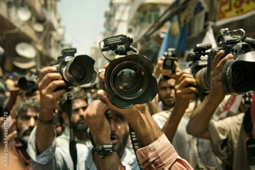 paparazzi with cameras in the street closeup, press freedom around the world, democratic values