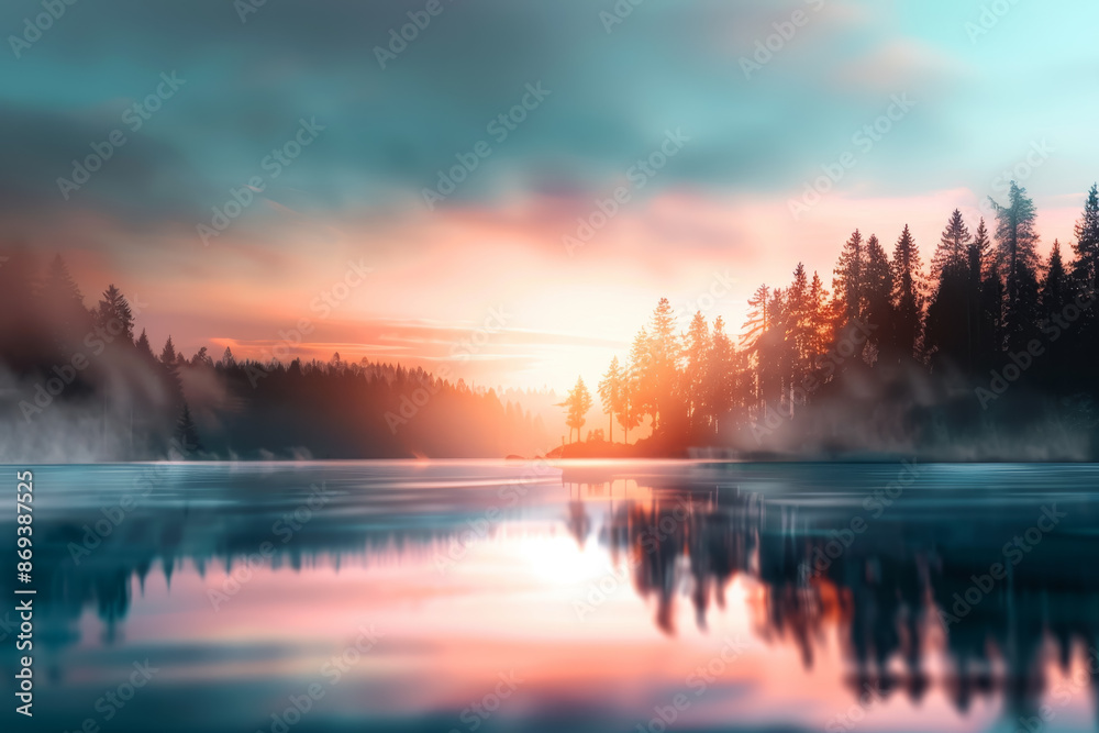 A serene lake reflecting a vibrant sunrise, with mist rising from the water and a line of trees in the background.
